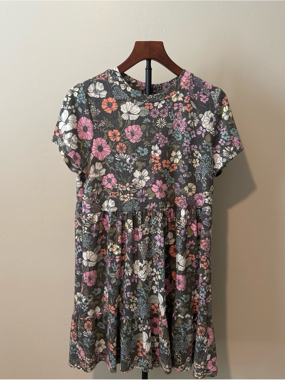 Lily Rose Black Floral Short Sleeve Dress with Pink, Coral & Teal Flowers